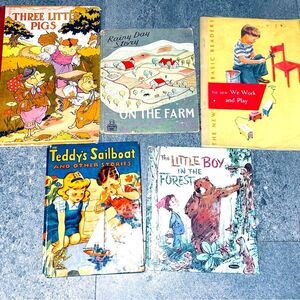 Lot 5 antique kids books incl Three Little Pigs Hardcover on the farm, sailboat